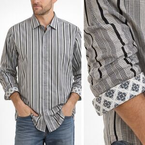 Robert Graham Flip Cuff Striped Dress Shirt Mens Sz 3XL Black Gray Button Up